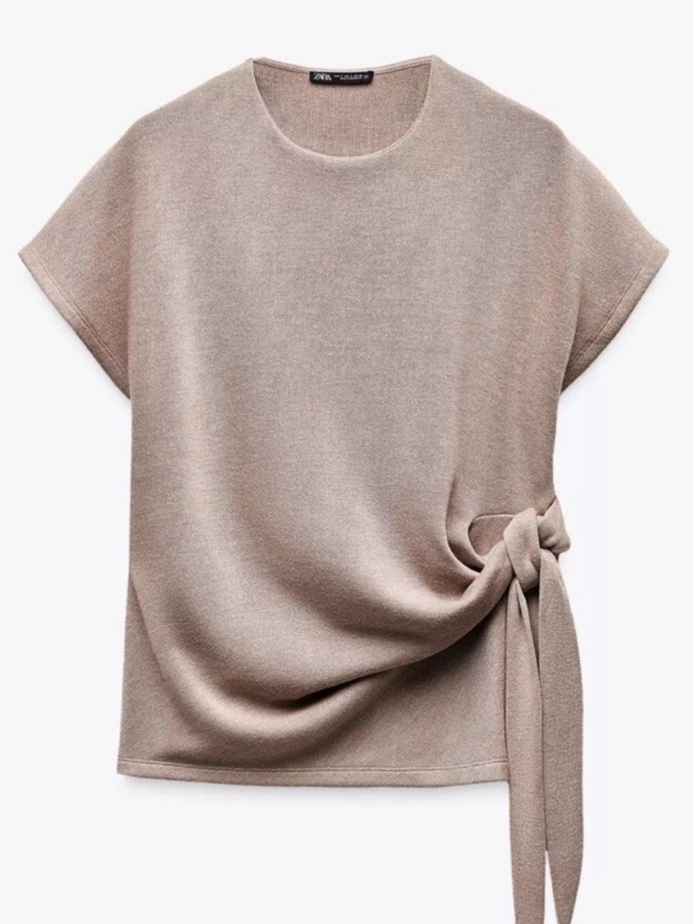Zara Taupe Side-Knot Short Sleeve Knit Top